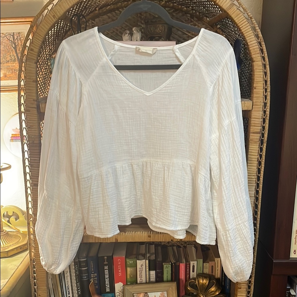 Altar'd State White Asymmetrical Long Sleeve Blouse 100% Cotton